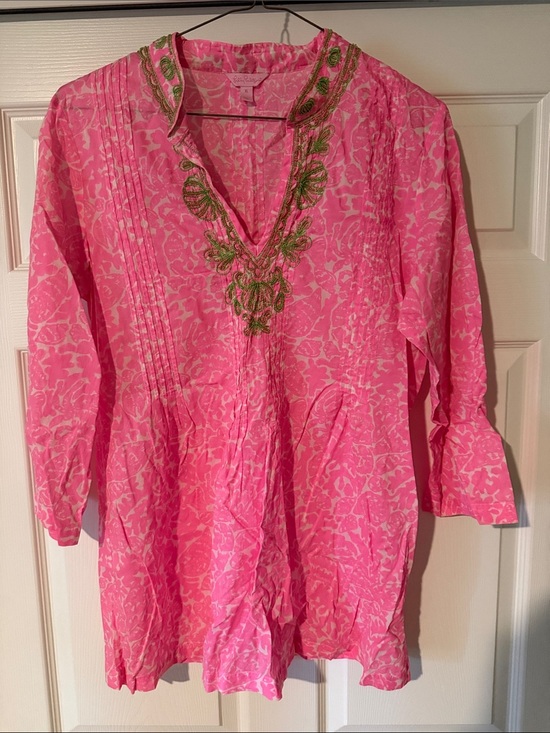 Lilly Pulitzer Other - Lilly Pulitzer Hot Pink Printed Tunic with Green Embroidered V-Neck